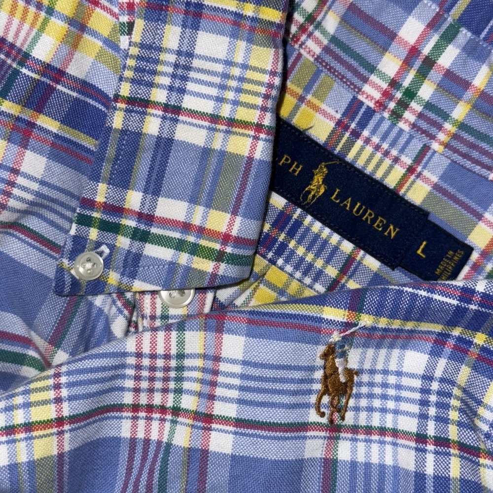 Polo Ralph Lauren Long Sleeve Button Down Oxford Shirt Men's L Blue Yellow Plaid
